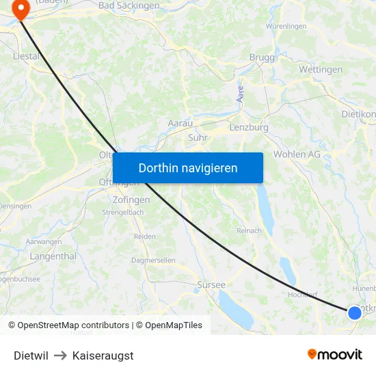 Dietwil to Kaiseraugst map