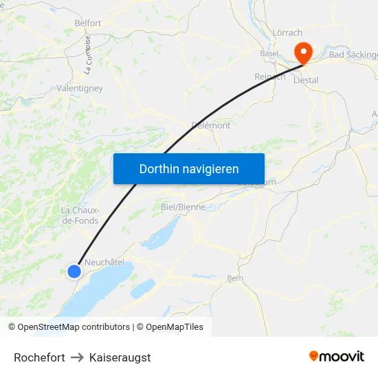 Rochefort to Kaiseraugst map
