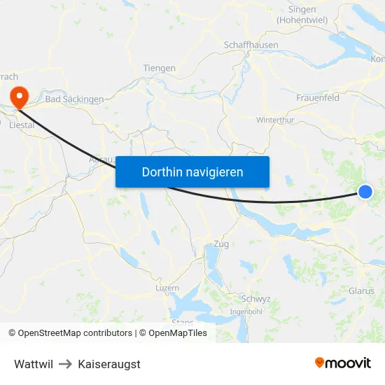 Wattwil to Kaiseraugst map