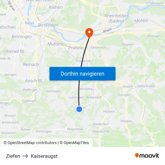 Ziefen to Kaiseraugst map
