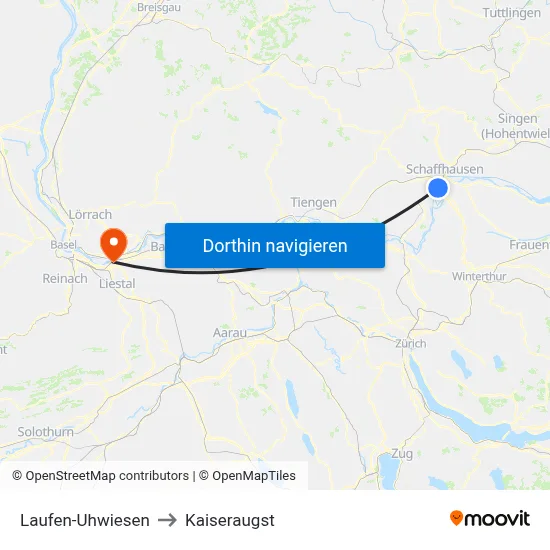 Laufen-Uhwiesen to Kaiseraugst map