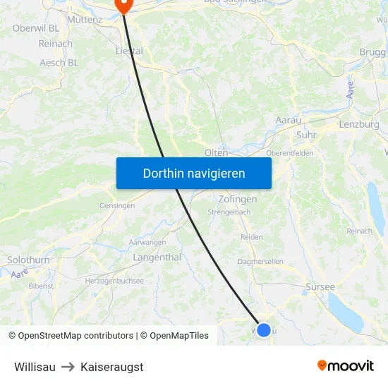 Willisau to Kaiseraugst map