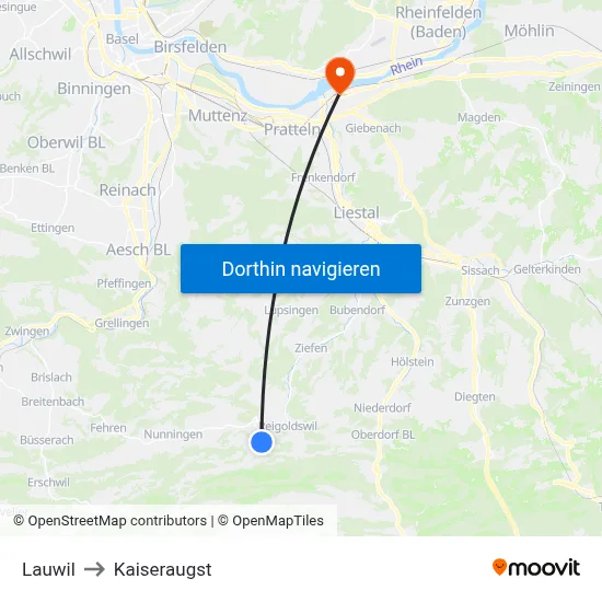 Lauwil to Kaiseraugst map