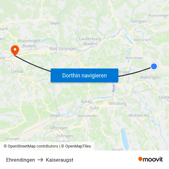 Ehrendingen to Kaiseraugst map