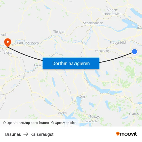 Braunau to Kaiseraugst map