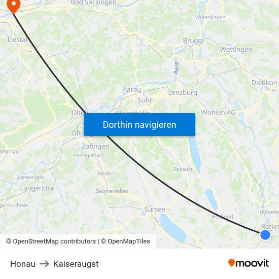 Honau to Kaiseraugst map