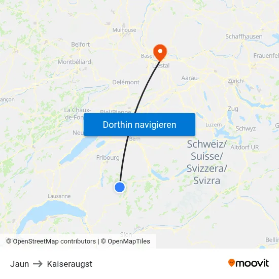 Jaun to Kaiseraugst map