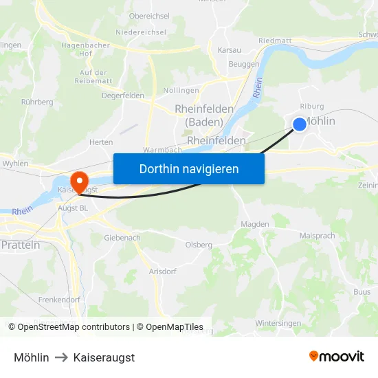 Möhlin to Kaiseraugst map