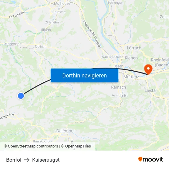 Bonfol to Kaiseraugst map