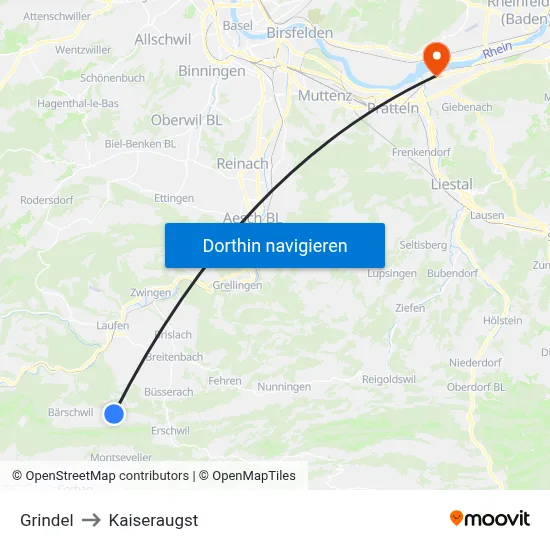 Grindel to Kaiseraugst map