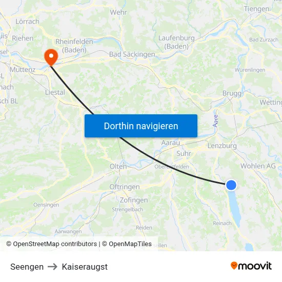 Seengen to Kaiseraugst map