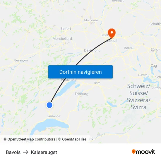 Bavois to Kaiseraugst map