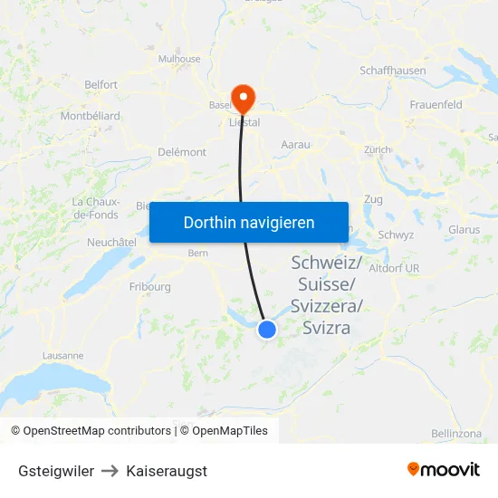 Gsteigwiler to Kaiseraugst map