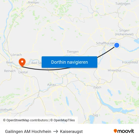 Gailingen AM Hochrhein to Kaiseraugst map