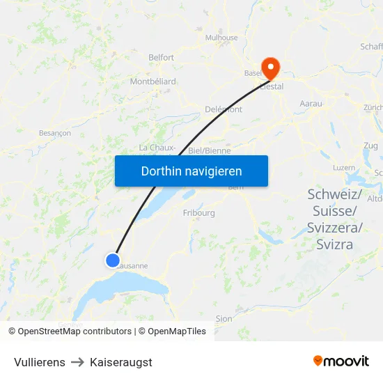 Vullierens to Kaiseraugst map