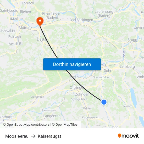 Moosleerau to Kaiseraugst map