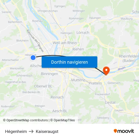 Hégenheim to Kaiseraugst map