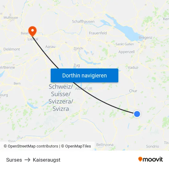 Surses to Kaiseraugst map