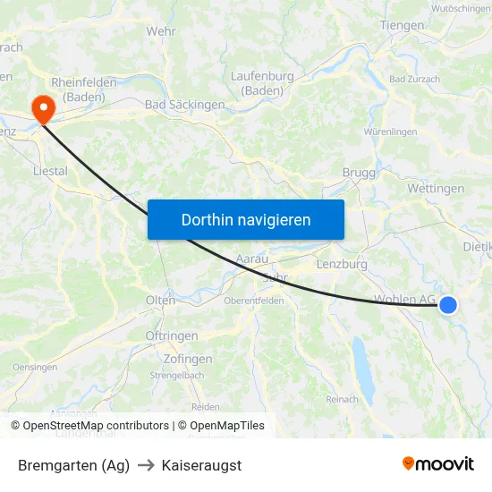 Bremgarten (Ag) to Kaiseraugst map