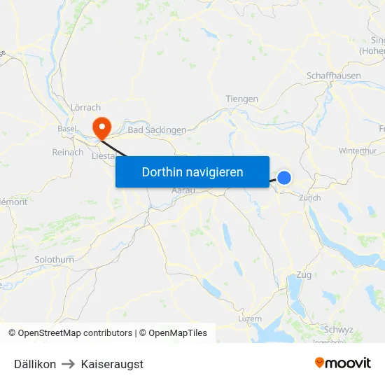 Dällikon to Kaiseraugst map