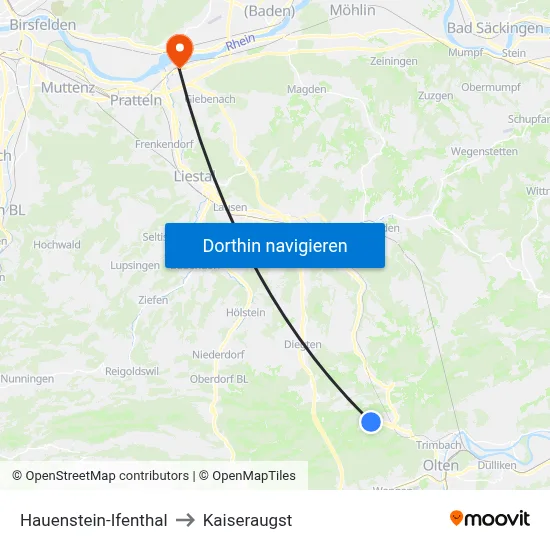 Hauenstein-Ifenthal to Kaiseraugst map