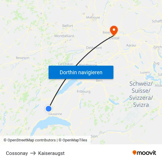 Cossonay to Kaiseraugst map