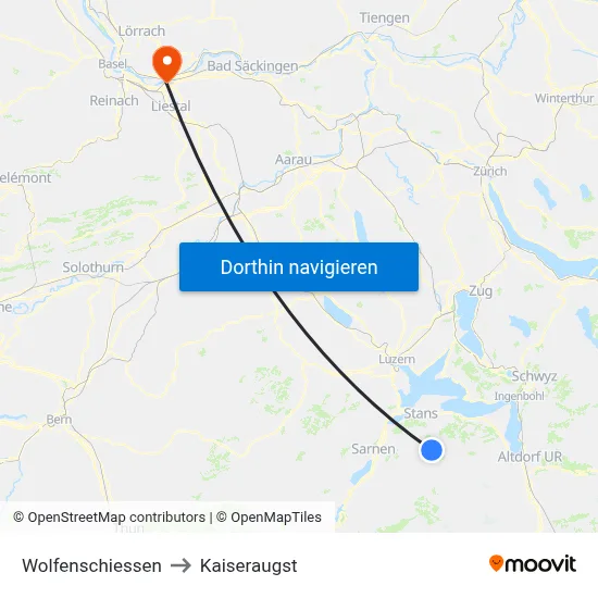 Wolfenschiessen to Kaiseraugst map