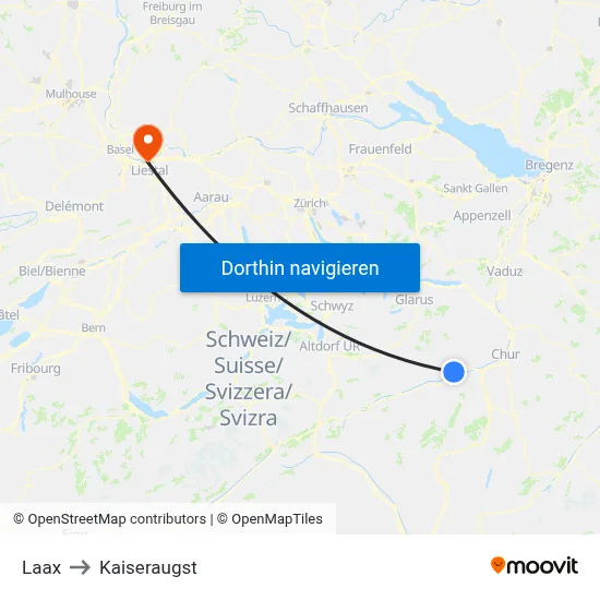 Laax to Kaiseraugst map