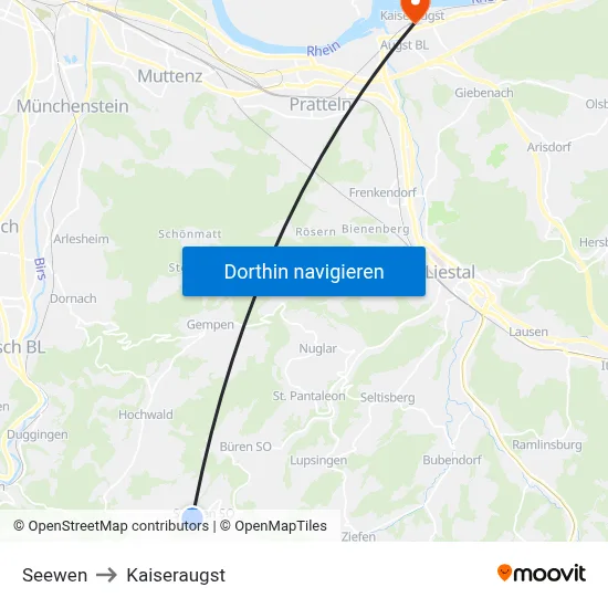 Seewen to Kaiseraugst map