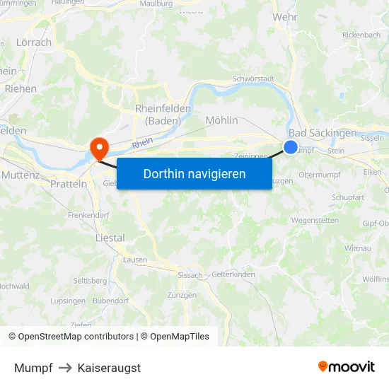 Mumpf to Kaiseraugst map