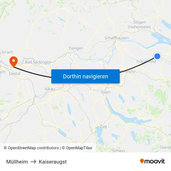 Müllheim to Kaiseraugst map