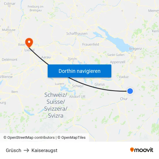 Grüsch to Kaiseraugst map