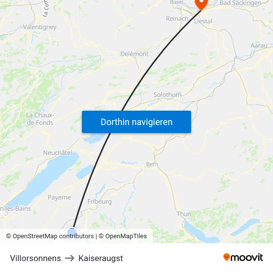 Villorsonnens to Kaiseraugst map