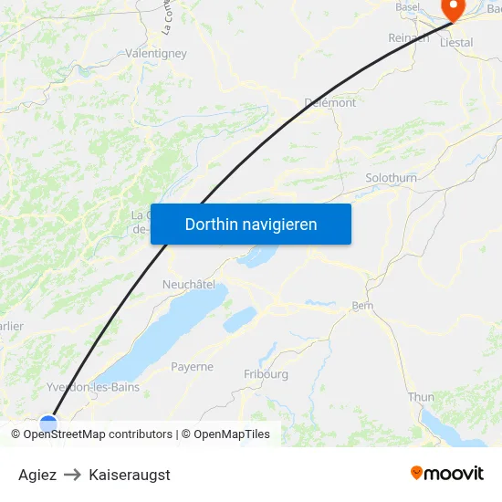 Agiez to Kaiseraugst map