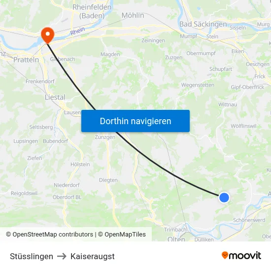 Stüsslingen to Kaiseraugst map