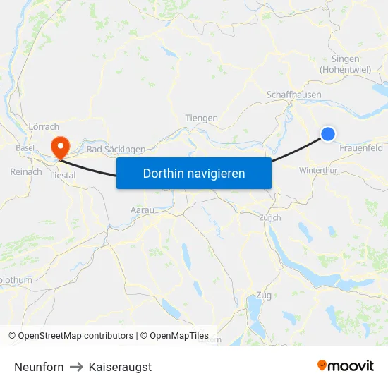 Neunforn to Kaiseraugst map
