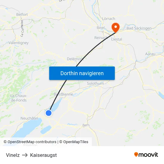 Vinelz to Kaiseraugst map