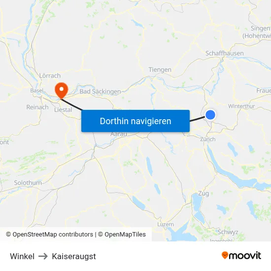 Winkel to Kaiseraugst map