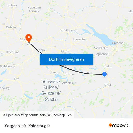 Sargans to Kaiseraugst map