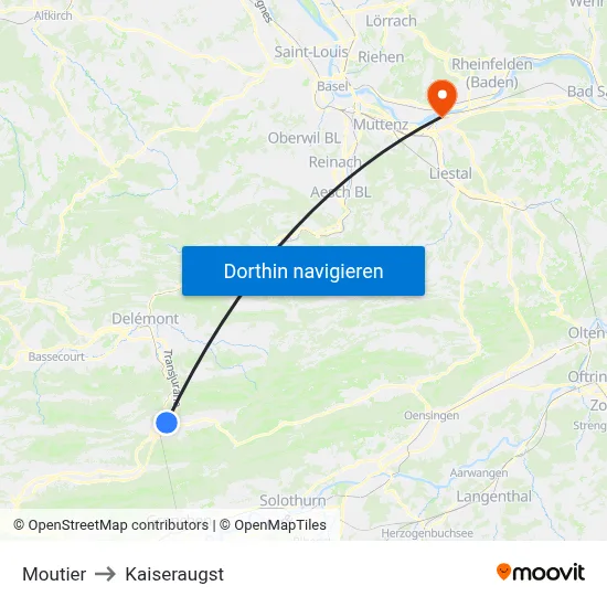 Moutier to Kaiseraugst map