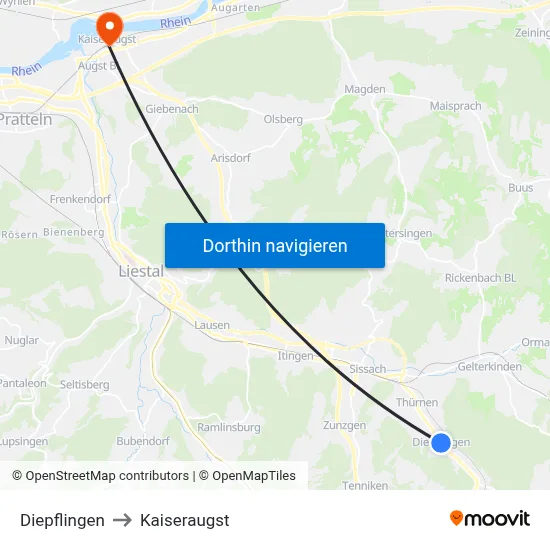 Diepflingen to Kaiseraugst map