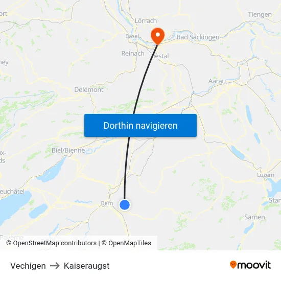 Vechigen to Kaiseraugst map