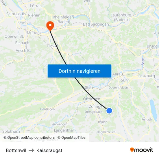 Bottenwil to Kaiseraugst map