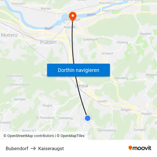 Bubendorf to Kaiseraugst map