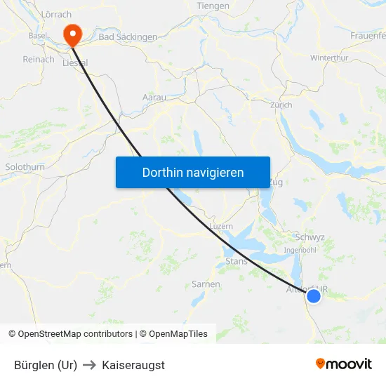 Bürglen (Ur) to Kaiseraugst map