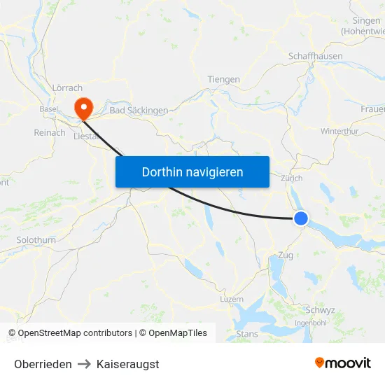 Oberrieden to Kaiseraugst map