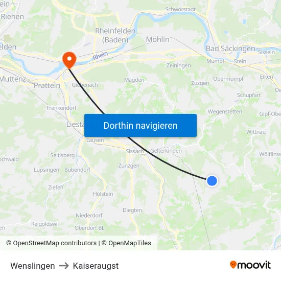 Wenslingen to Kaiseraugst map