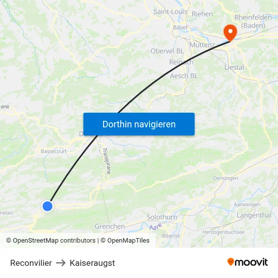 Reconvilier to Kaiseraugst map