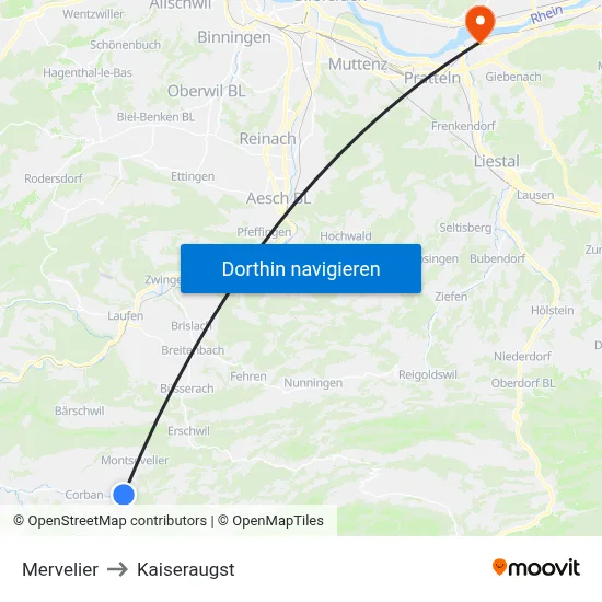 Mervelier to Kaiseraugst map