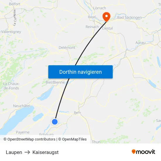 Laupen to Kaiseraugst map